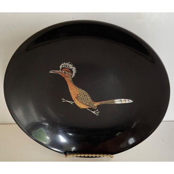 Vintage Couroc of Monterey CA Roadrunner Inlaid Serving Bowl Black Resin MCM 8" - Picture 2 of 7